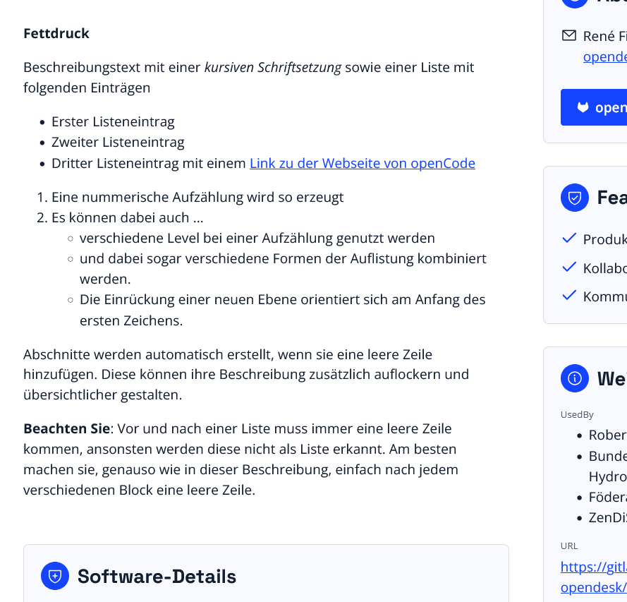 Screenshot des obigen Beispiels einer Beschreibung im Softwareverzeichnis